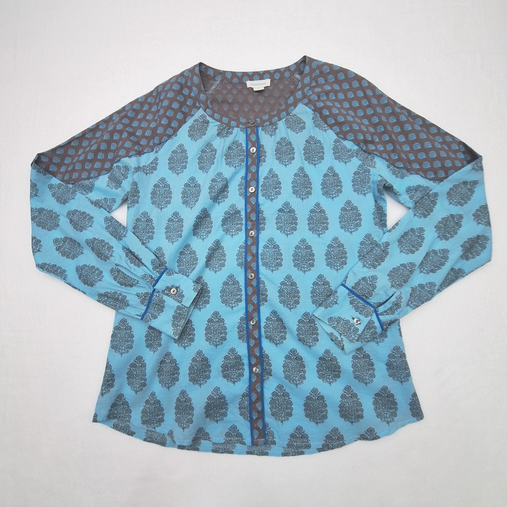 Sundance Blouse Womens Small Blue Block Print Cotton Long Sleeve Boho Top